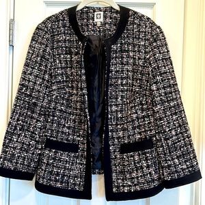 Anne Klein Tweed Jacket with Black Trim and Black Metallic Threads Office sz.12